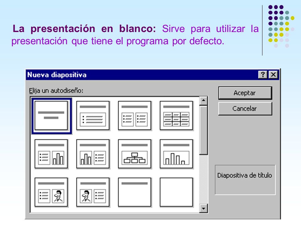 La presentación en blanco: Sirve para utilizar la presentación que tiene el programa por defecto.