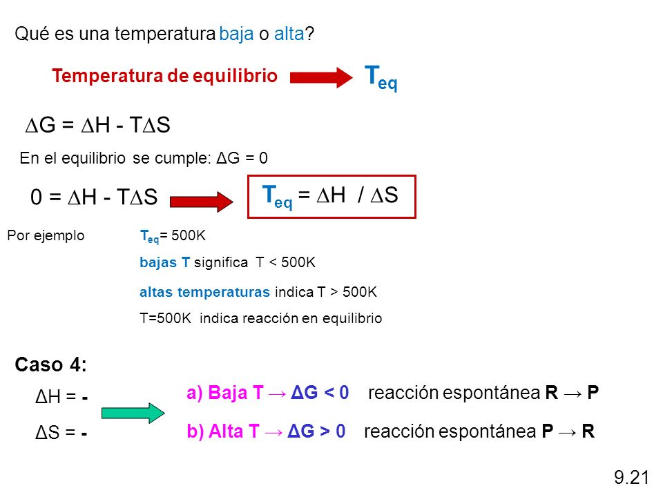Teq Teq = DH / DS DG = DH - TDS 0 = DH - TDS Caso 4: