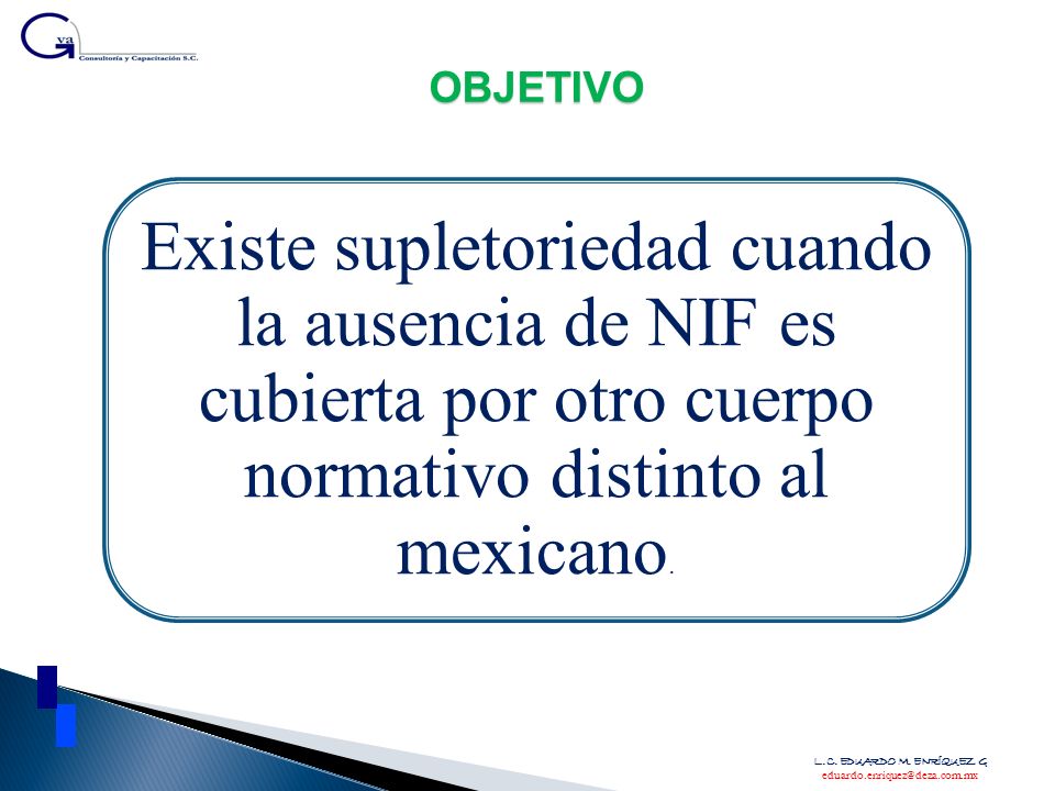 OBJETIVO Existe supletoriedad cuando la ausencia de NIF es cubierta por otro cuerpo normativo distinto al mexicano.