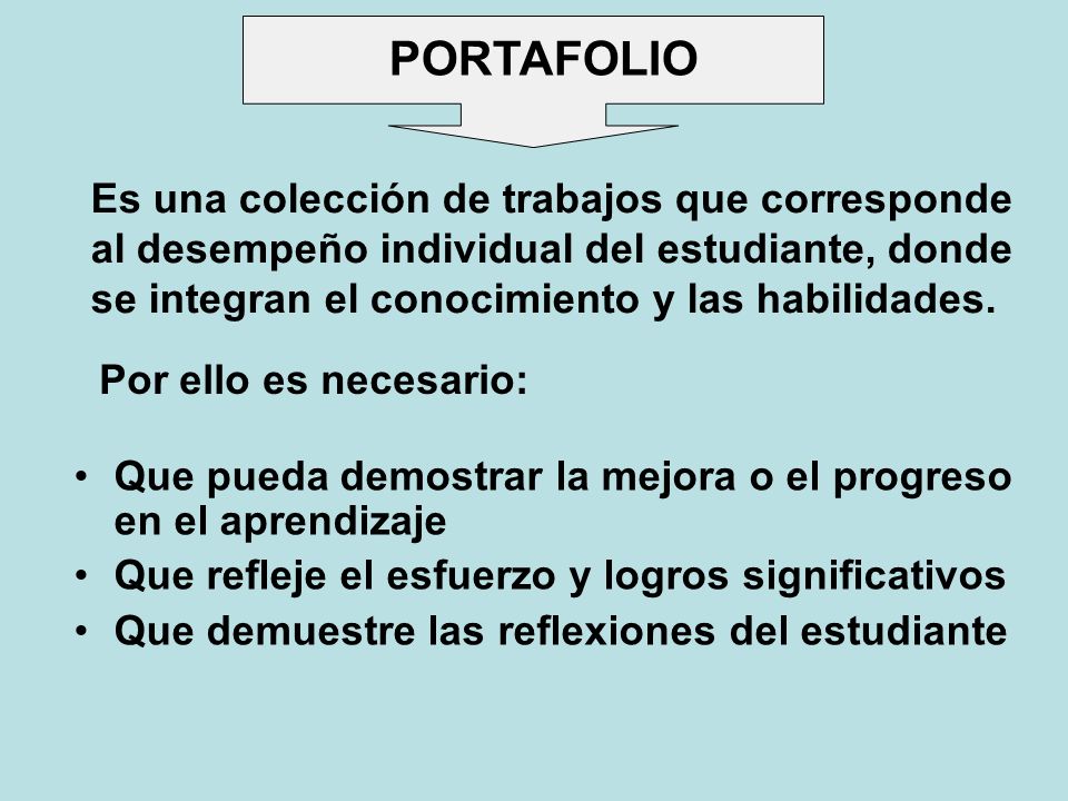PORTAFOLIO Es una colección de trabajos que corresponde al desempeño individual del estudiante, donde se integran el conocimiento y las habilidades.