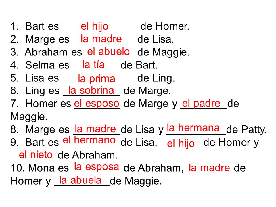 1. Bart es de Homer. 2. Marge es de Lisa. 3. Abraham es de Maggie. 4. Selma es de Bart. 5. Lisa es de Ling. 6. Ling es de Marge. 7. Homer es de Marge y de Maggie. 8. Marge es de Lisa y de Patty. 9. Bart es de Lisa, de Homer y de Abraham. 10. Mona es de Abraham, de Homer y de Maggie.