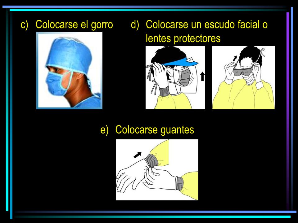 Colocarse el gorro Colocarse un escudo facial o lentes protectores Colocarse guantes
