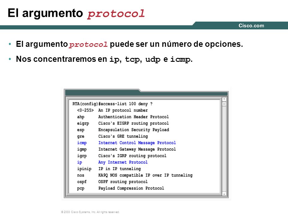 El argumento protocol El argumento protocol puede ser un número de opciones.