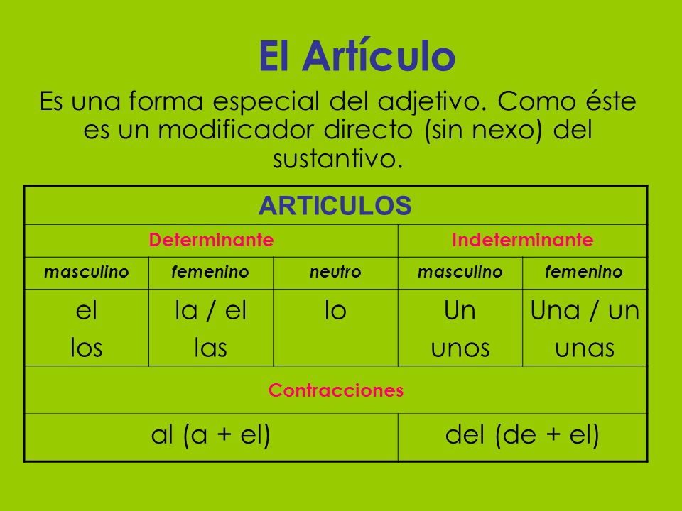 El Artículo Es una forma especial del adjetivo. Como éste es un modificador directo (sin nexo) del sustantivo.