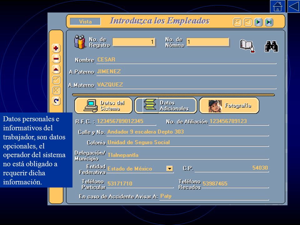 Datos personales e informativos del trabajador, son datos opcionales, el operador del sistema no está obligado a requerir dicha información.