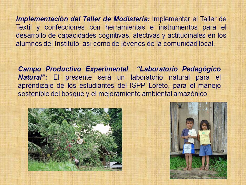 Implementación del Taller de Modistería: Implementar el Taller de Textil y confecciones con herramientas e instrumentos para el desarrollo de capacidades cognitivas, afectivas y actitudinales en los alumnos del Instituto así como de jóvenes de la comunidad local.