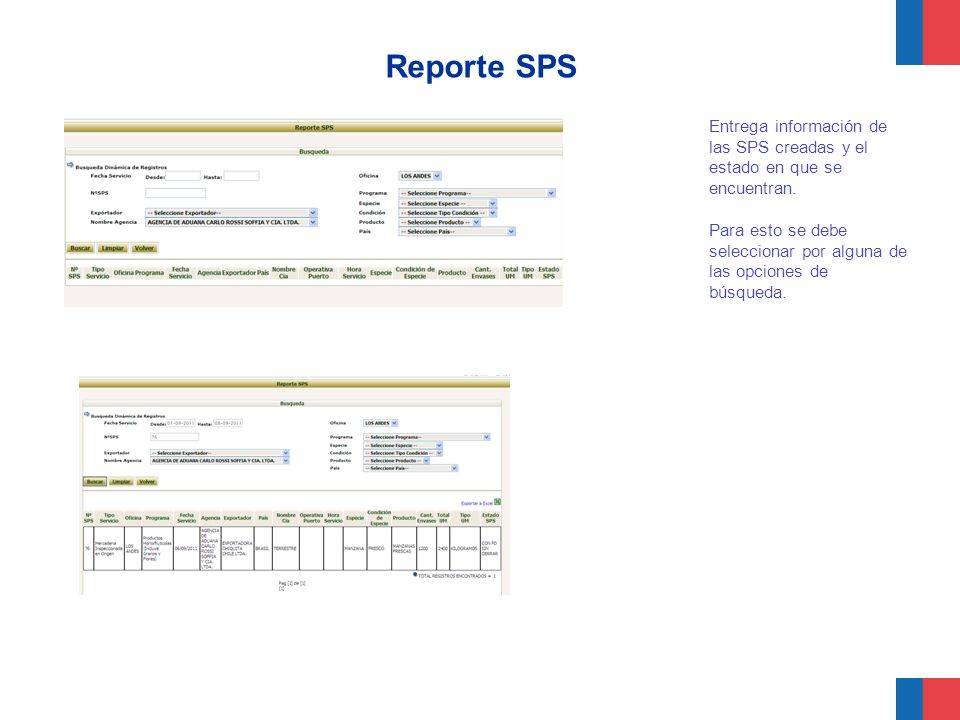 Reporte SPS Entrega información de las SPS creadas y el estado en que se encuentran.