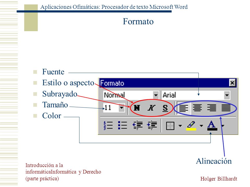 Formato Fuente Estilo o aspecto Subrayado Tamaño Color Alineación