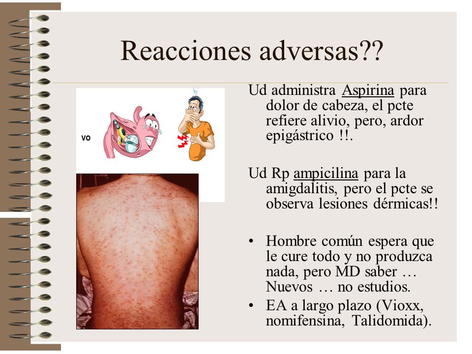 Reacciones adversas Ud administra Aspirina para dolor de cabeza, el pcte refiere alivio, pero, ardor epigástrico !!.