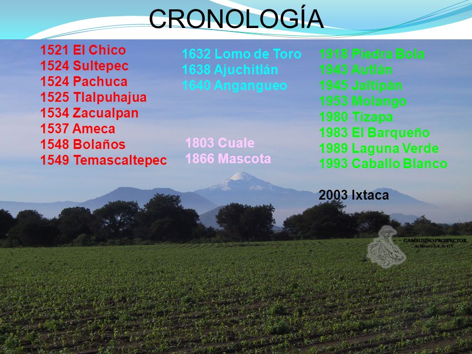 CRONOLOGÍA 1521 El Chico 1524 Sultepec 1524 Pachuca 1525 Tlalpuhajua