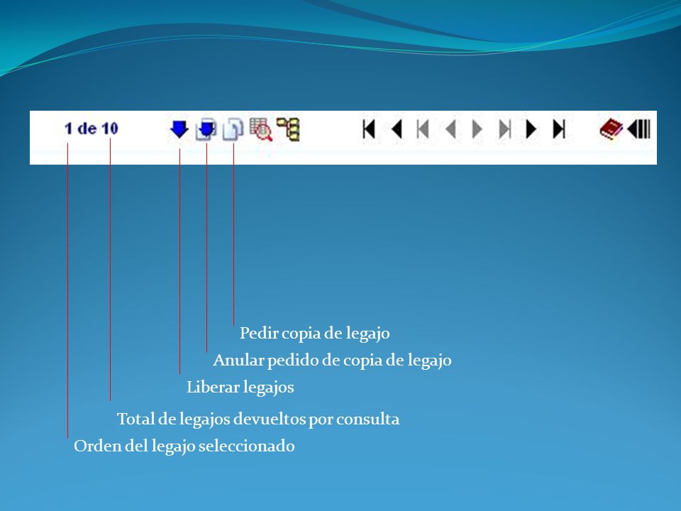 Pedir copia de legajo Anular pedido de copia de legajo. Liberar legajos. Total de legajos devueltos por consulta.