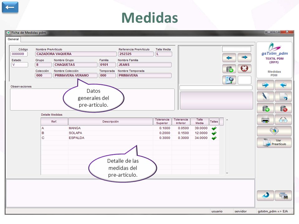 Medidas ← Datos generales del pre-artículo. Detalle de las medidas del