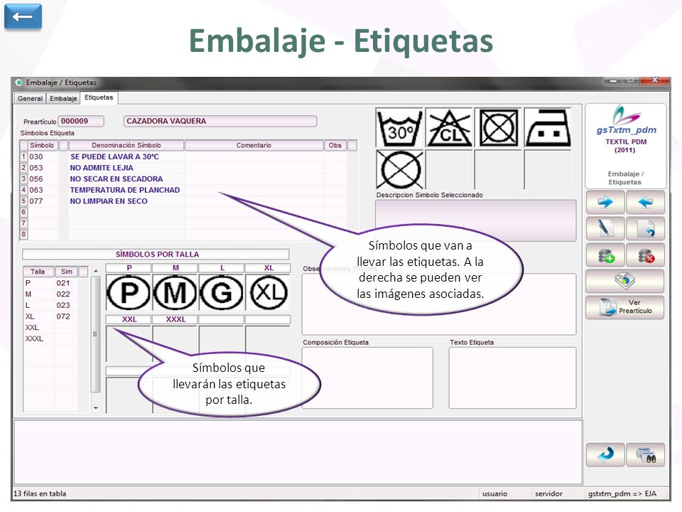 Embalaje - Etiquetas ← Datos generales del pre-artículo