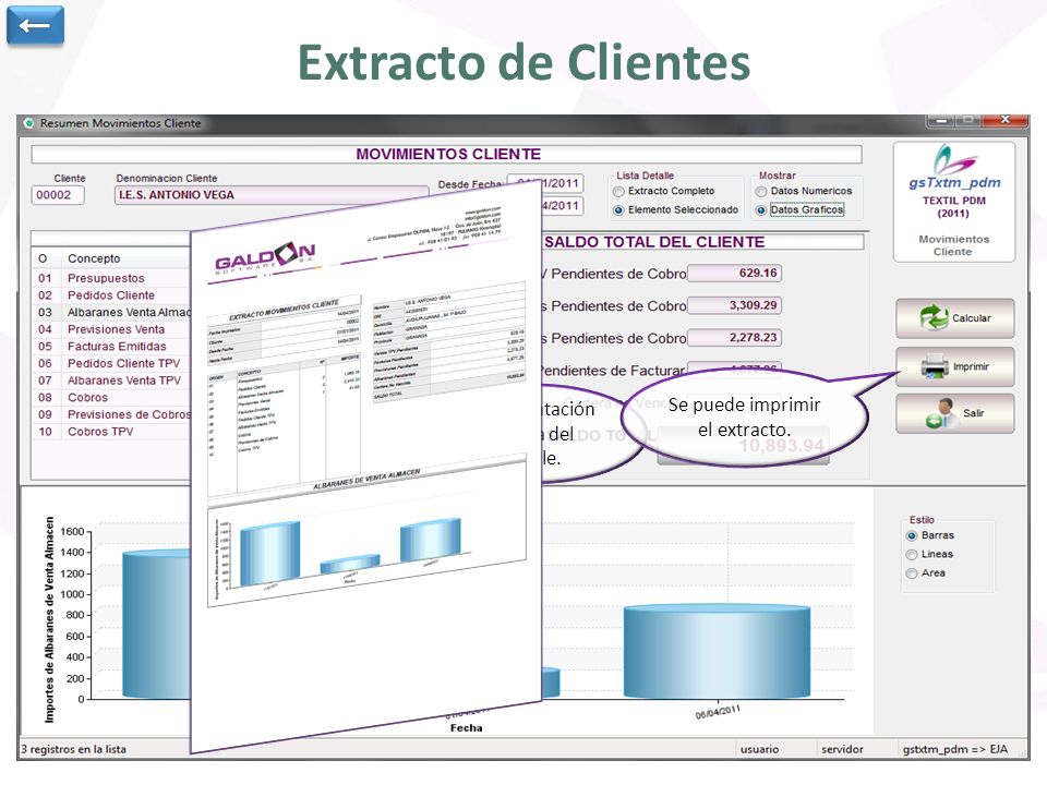 ← Extracto de Clientes. El detalle se puede mostrar numérica o gráficamente. Se indica el cliente y el rango de fechas para obtener el extracto.