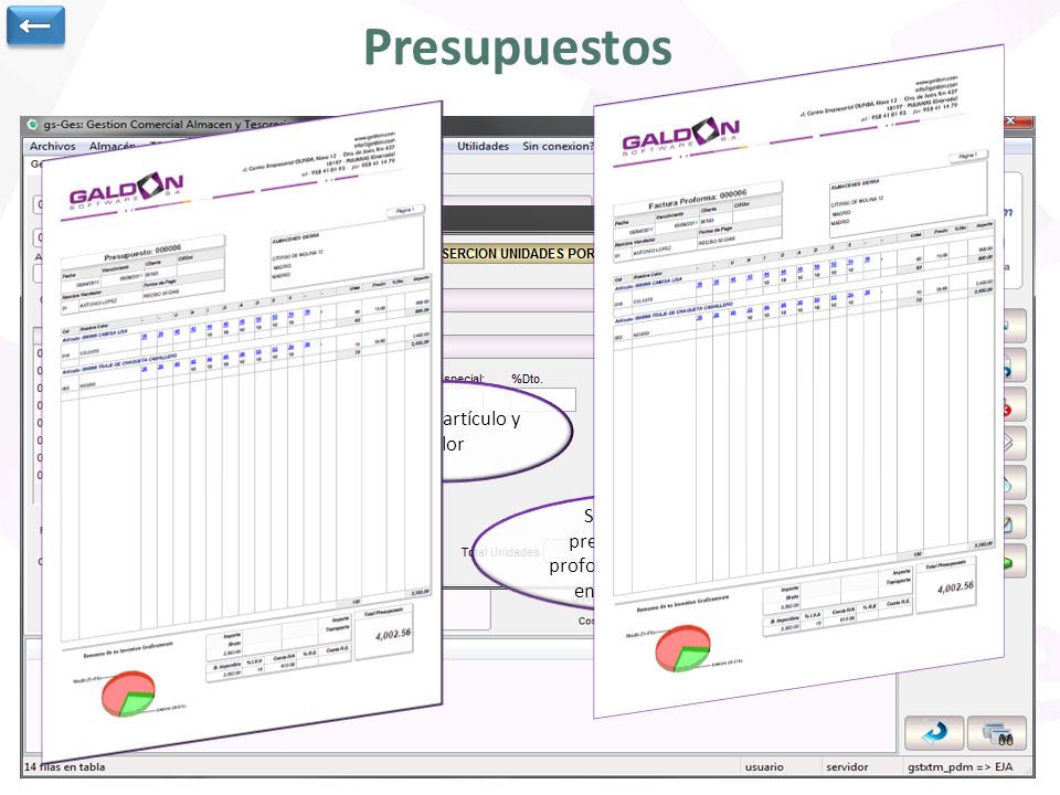 ← Presupuestos. Indicamos unidades por talla mientras vemos el stock actual en el almacén.