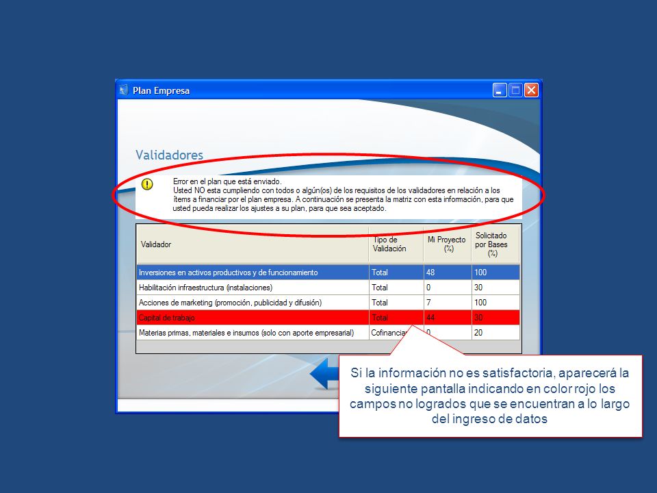 Si la información no es satisfactoria, aparecerá la siguiente pantalla indicando en color rojo los campos no logrados que se encuentran a lo largo del ingreso de datos
