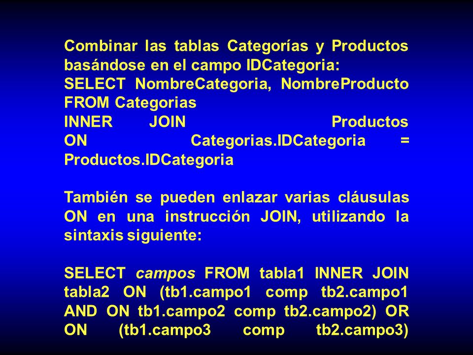 Combinar las tablas Categorías y Productos basándose en el campo IDCategoria:
