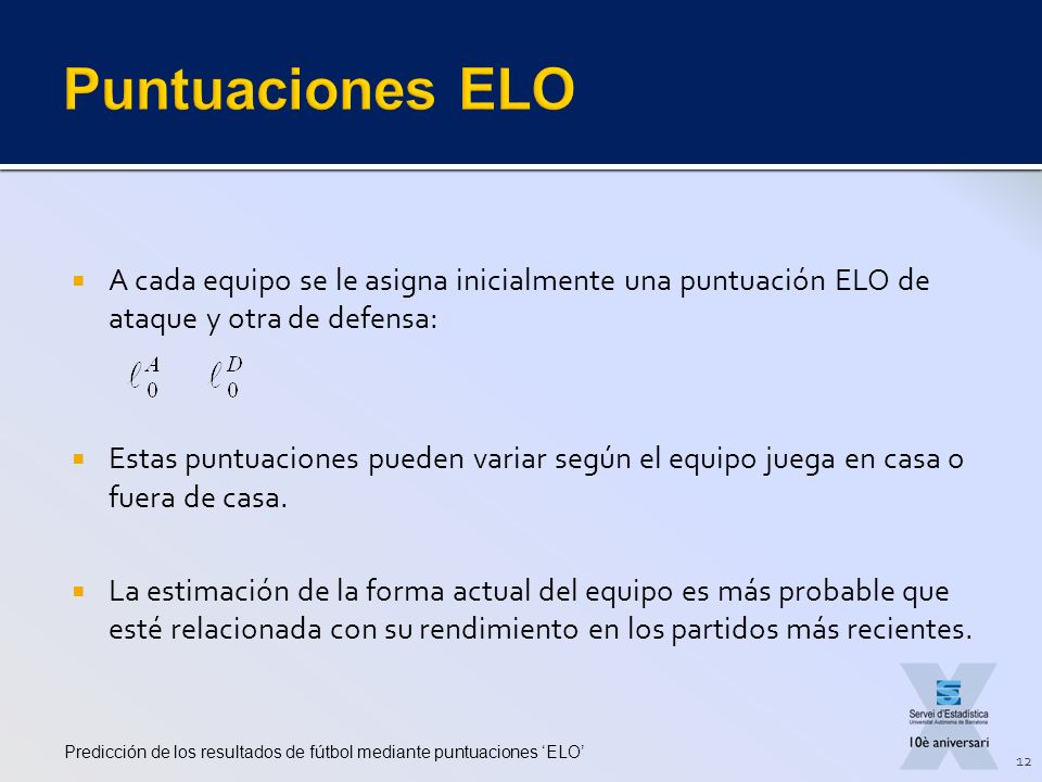 Puntuaciones ELO A cada equipo se le asigna inicialmente una puntuación ELO de ataque y otra de defensa: