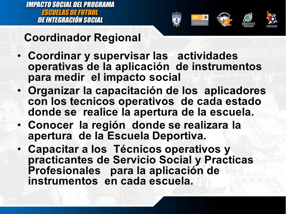 Coordinador Regional Coordinar y supervisar las actividades operativas de la aplicación de instrumentos para medir el impacto social.