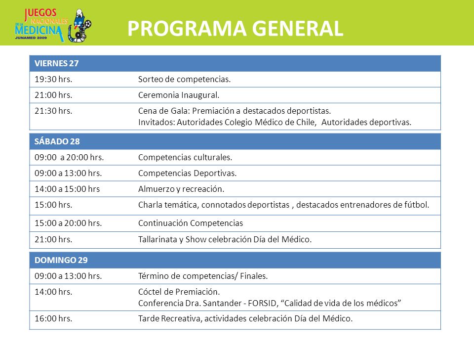PROGRAMA GENERAL VIERNES 27 19:30 hrs. Sorteo de competencias.