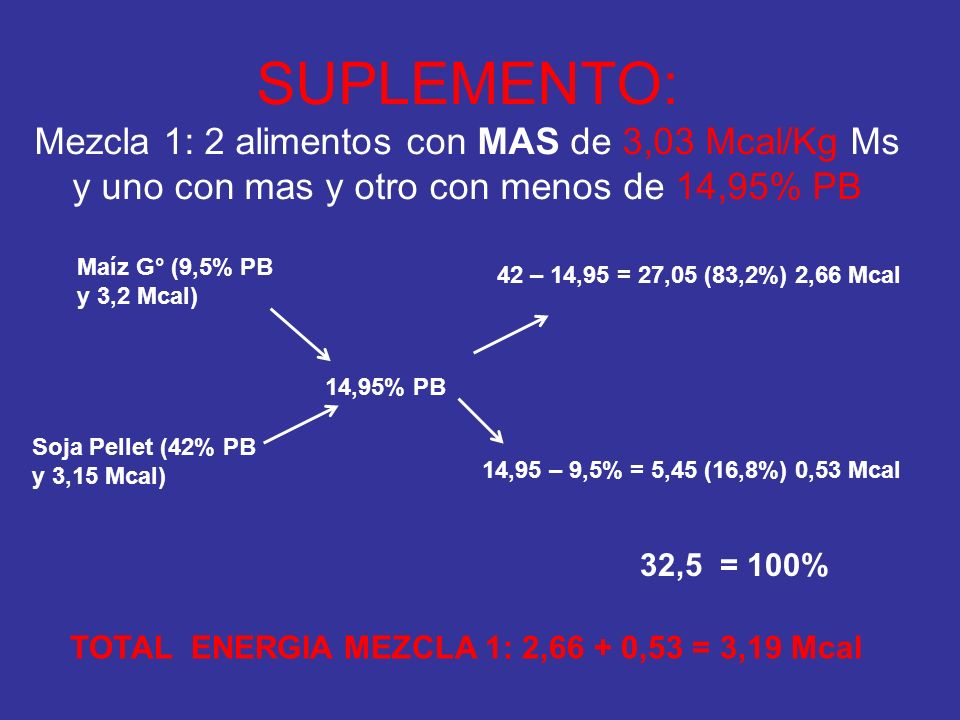 SUPLEMENTO: Mezcla 1: 2 alimentos con MAS de 3,03 Mcal/Kg Ms y uno con mas y otro con menos de 14,95% PB