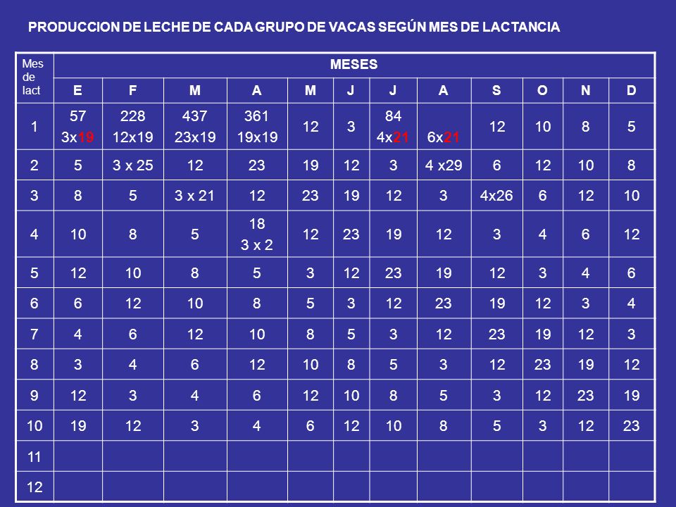 PRODUCCION DE LECHE DE CADA GRUPO DE VACAS SEGÚN MES DE LACTANCIA