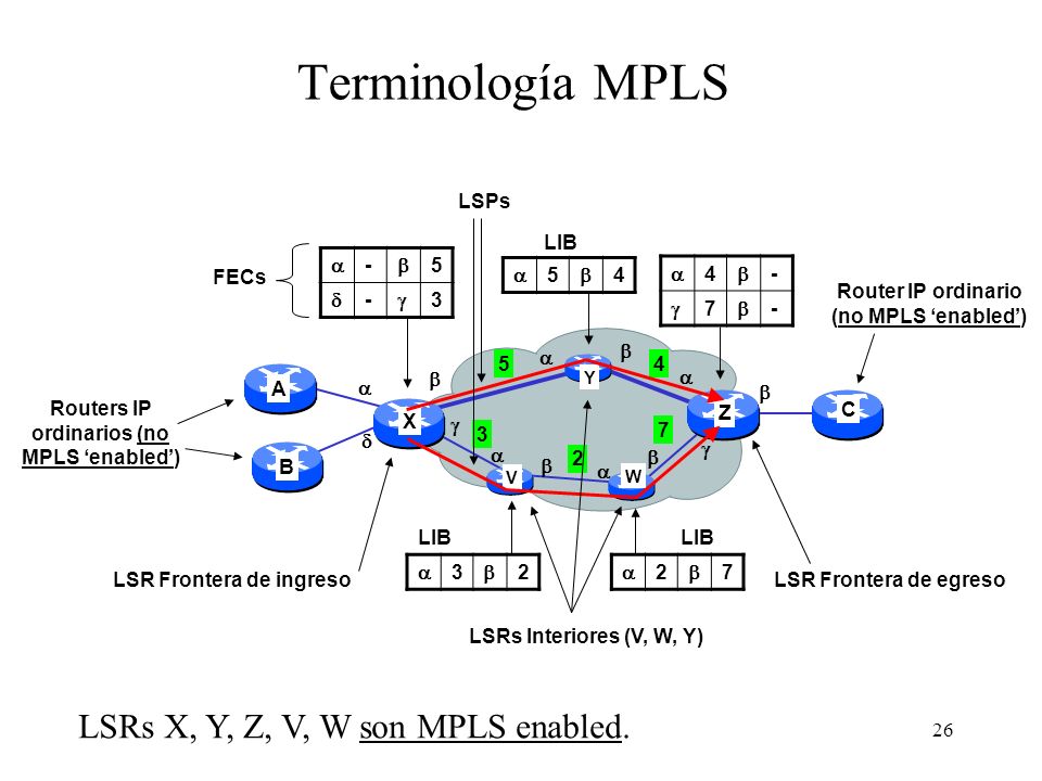 Terminología MPLS LSRs X, Y, Z, V, W son MPLS enabled. LSPs LIB  - 