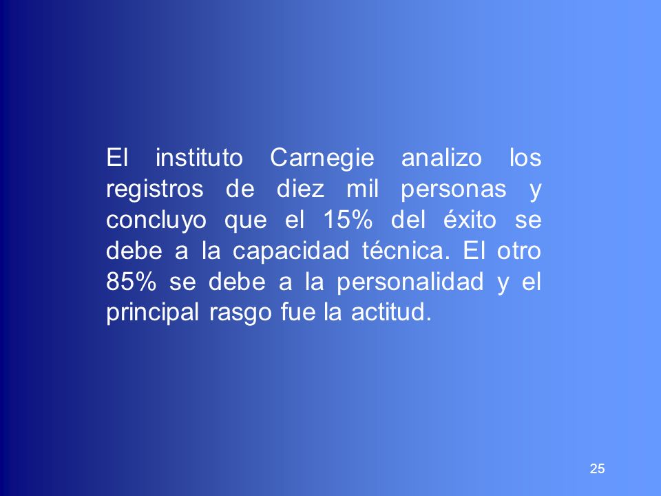El instituto Carnegie analizo los registros de diez mil personas y concluyo que el 15% del éxito se debe a la capacidad técnica.