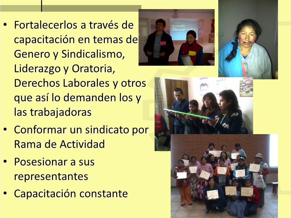 Fortalecerlos a través de capacitación en temas de: Genero y Sindicalismo, Liderazgo y Oratoria, Derechos Laborales y otros que así lo demanden los y las trabajadoras