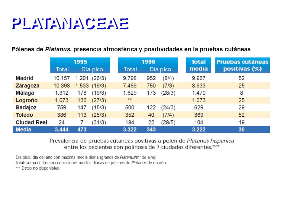PLATANACEAE Pólenes de Platanus, presencia atmosférica y positividades en la pruebas cutáneas