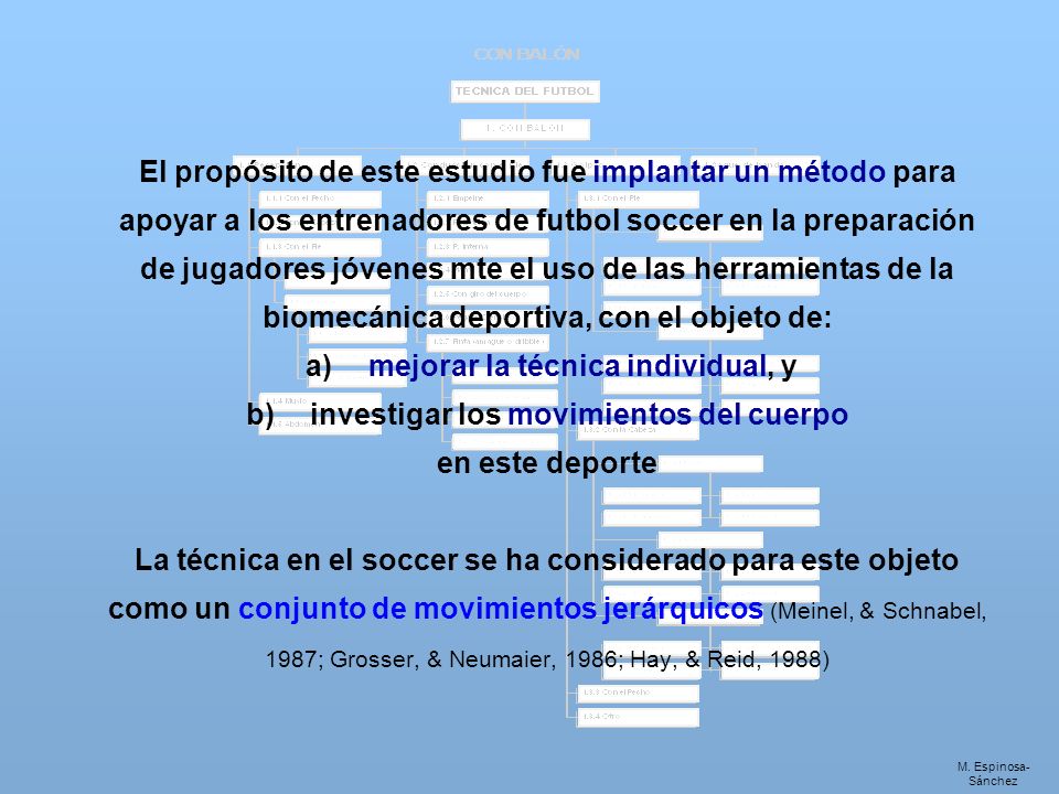 El propósito de este estudio fue implantar un método para apoyar a los entrenadores de futbol soccer en la preparación de jugadores jóvenes mte el uso de las herramientas de la biomecánica deportiva, con el objeto de: a) mejorar la técnica individual, y b) investigar los movimientos del cuerpo en este deporte La técnica en el soccer se ha considerado para este objeto como un conjunto de movimientos jerárquicos (Meinel, & Schnabel, 1987; Grosser, & Neumaier, 1986; Hay, & Reid, 1988)