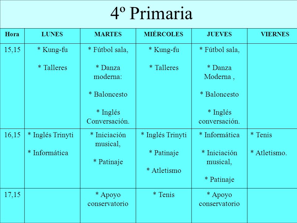 4º Primaria 15,15 * Kung-fu * Talleres * Fútbol sala, * Danza moderna: