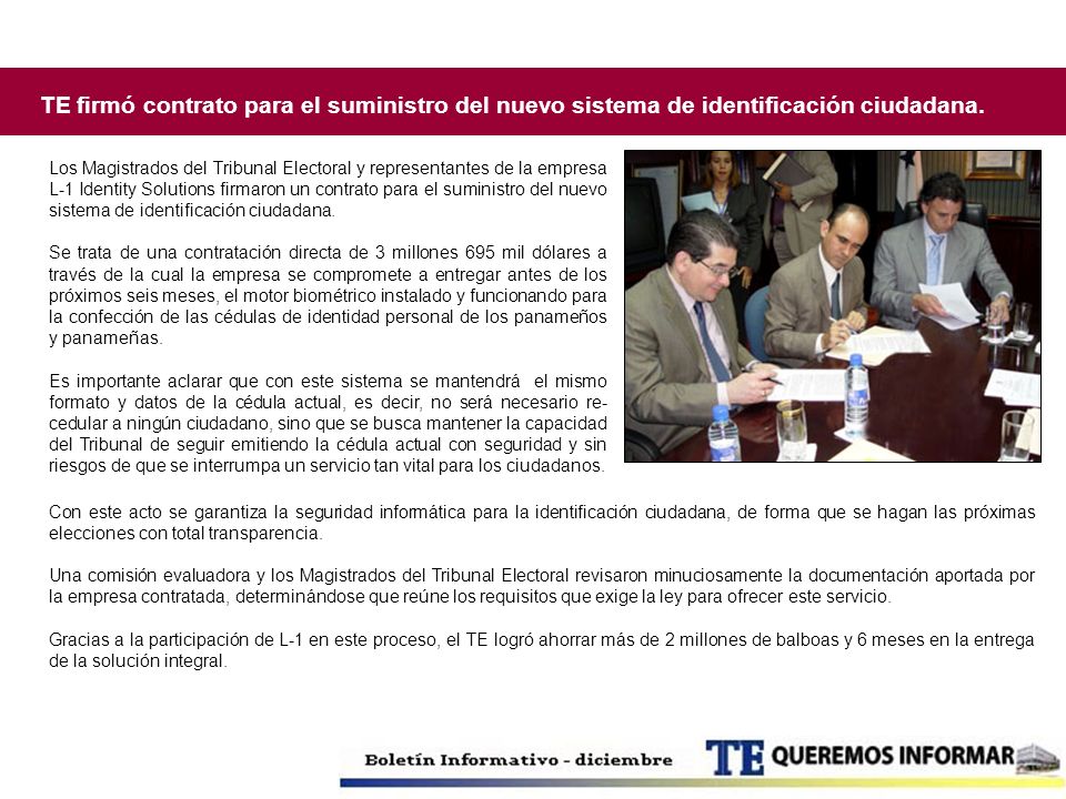 TE firmó contrato para el suministro del nuevo sistema de identificación ciudadana.