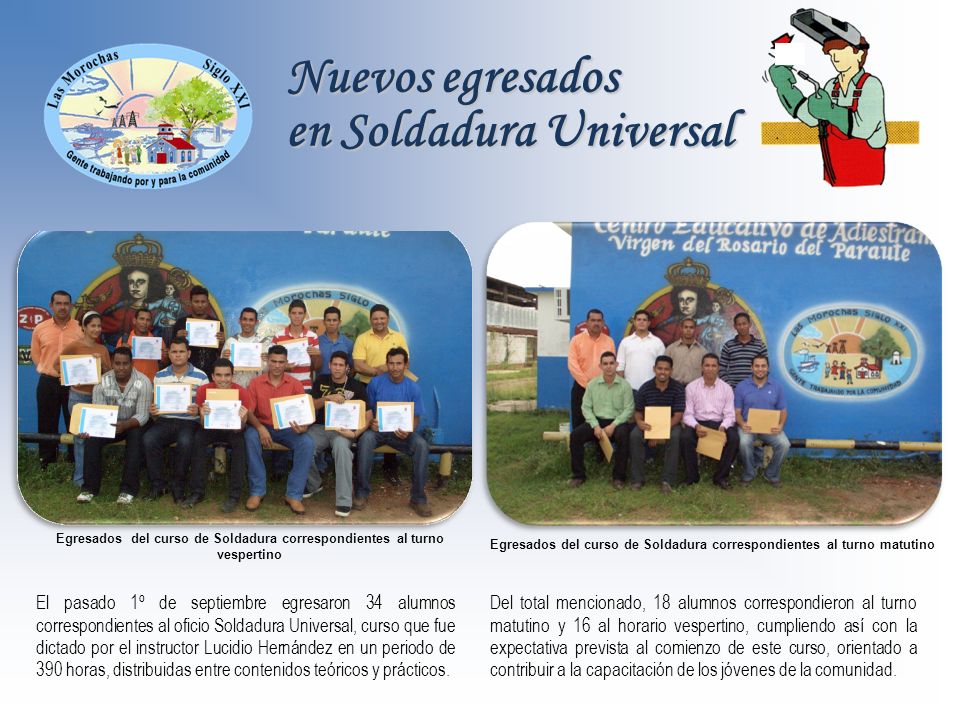 Egresados del curso de Soldadura correspondientes al turno vespertino