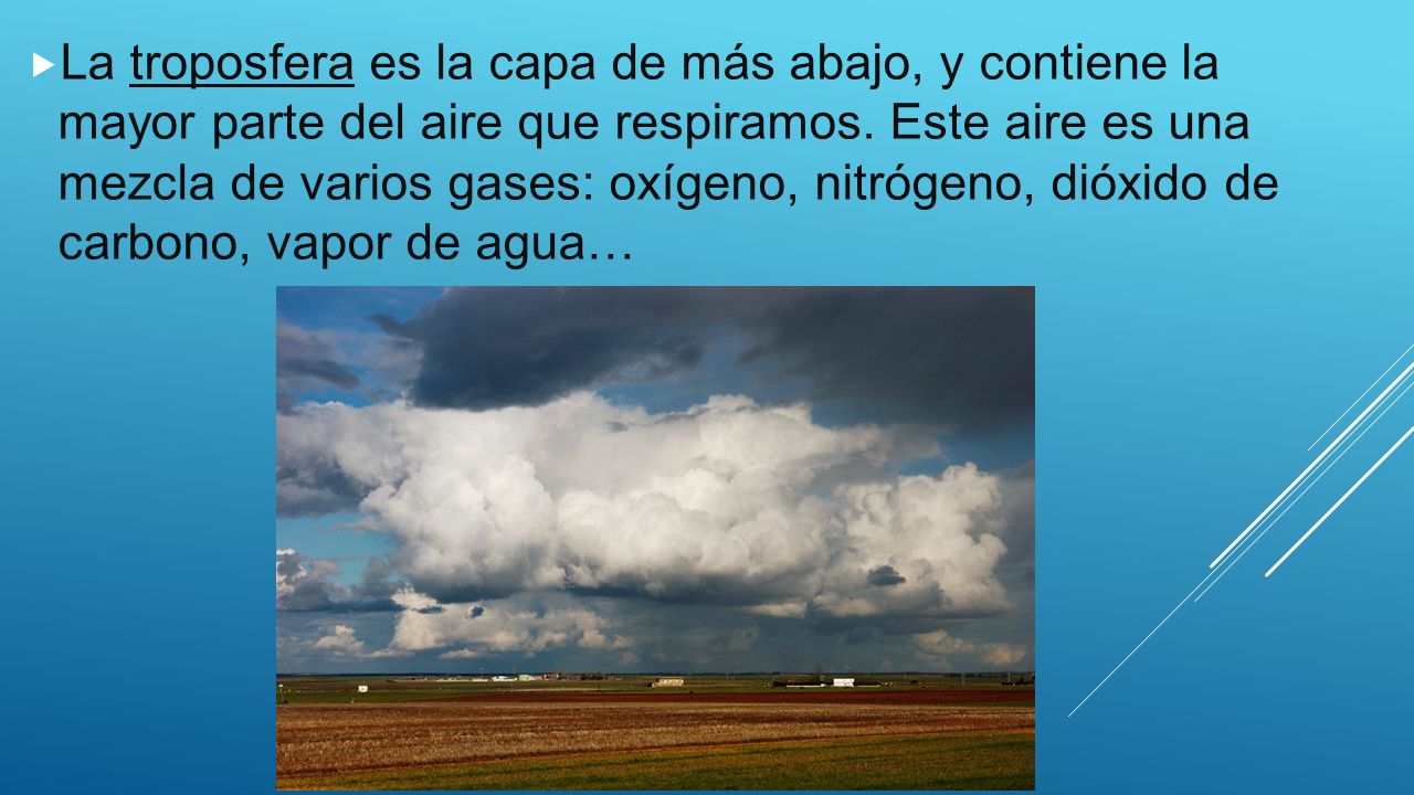 La troposfera es la capa de más abajo, y contiene la mayor parte del aire que respiramos.