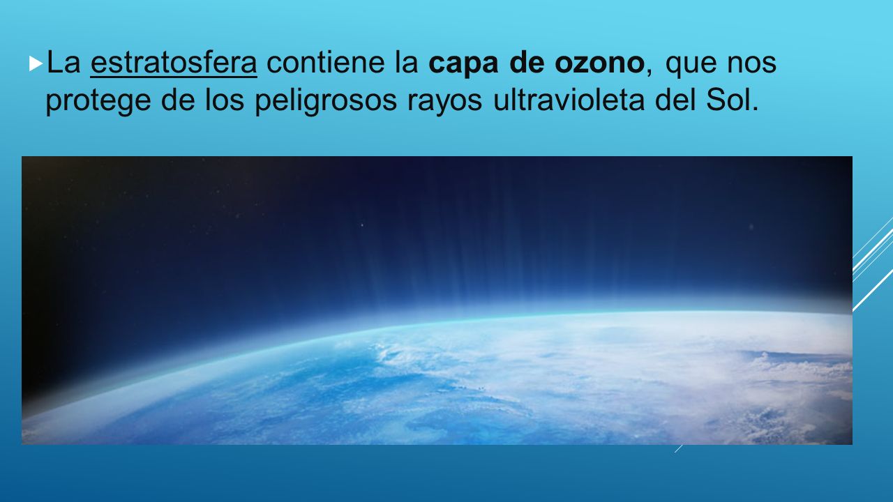 La estratosfera contiene la capa de ozono, que nos protege de los peligrosos rayos ultravioleta del Sol.