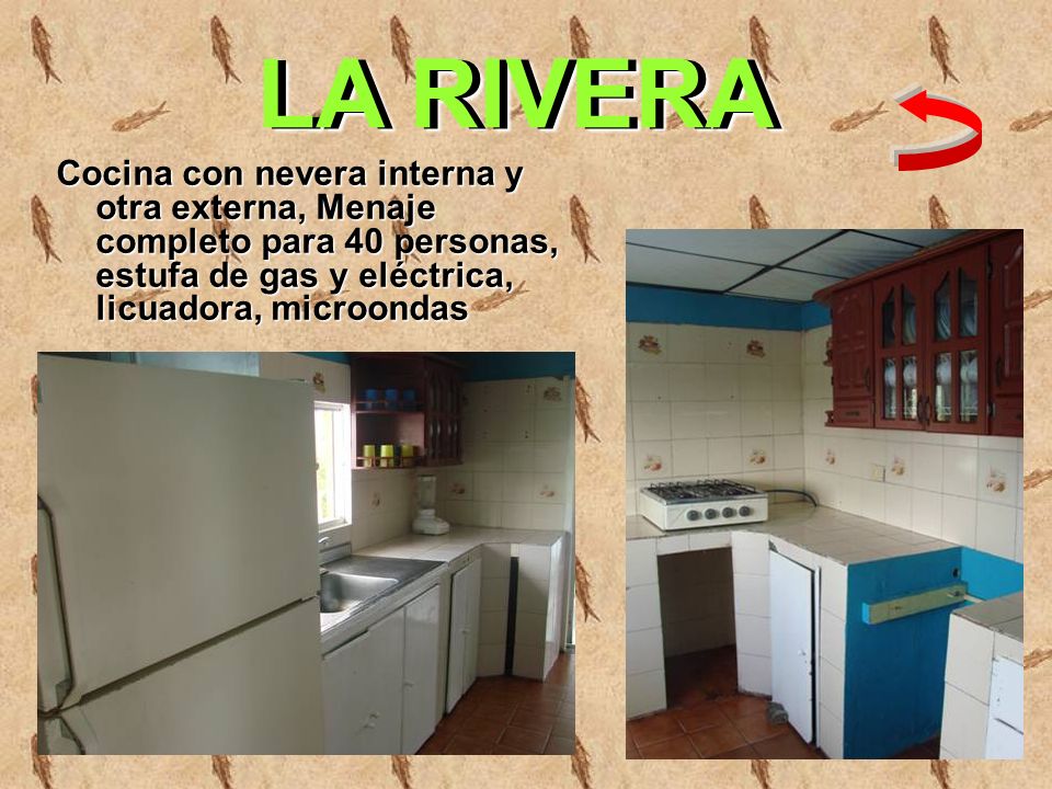LA RIVERA Cocina con nevera interna y otra externa, Menaje completo para 40 personas, estufa de gas y eléctrica, licuadora, microondas.