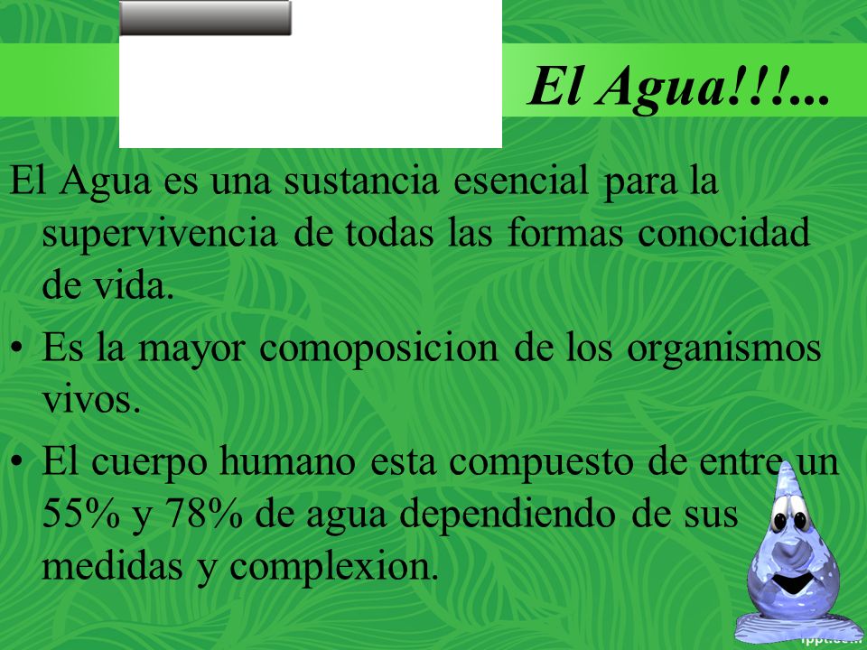 El Agua!!!... El Agua es una sustancia esencial para la supervivencia de todas las formas conocidad de vida.