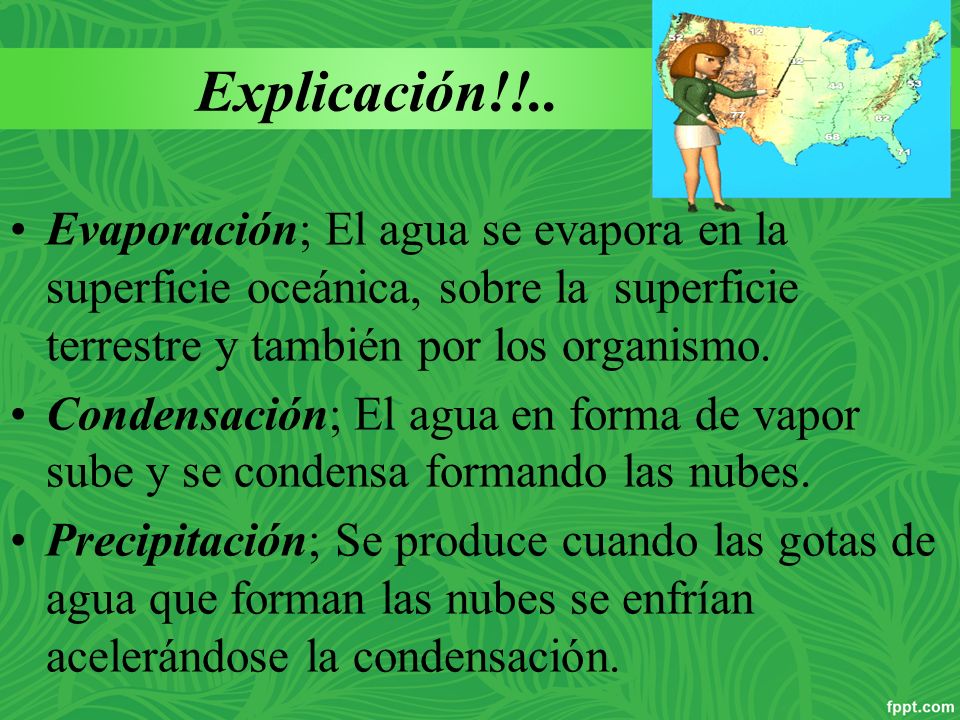 Explicación!!.. Evaporación; El agua se evapora en la superficie oceánica, sobre la superficie terrestre y también por los organismo.