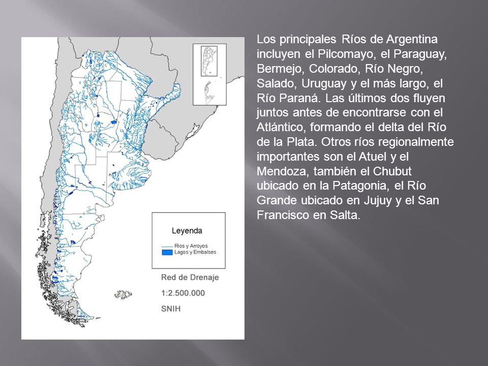 Los principales Ríos de Argentina incluyen el Pilcomayo, el Paraguay, Bermejo, Colorado, Río Negro, Salado, Uruguay y el más largo, el Río Paraná.