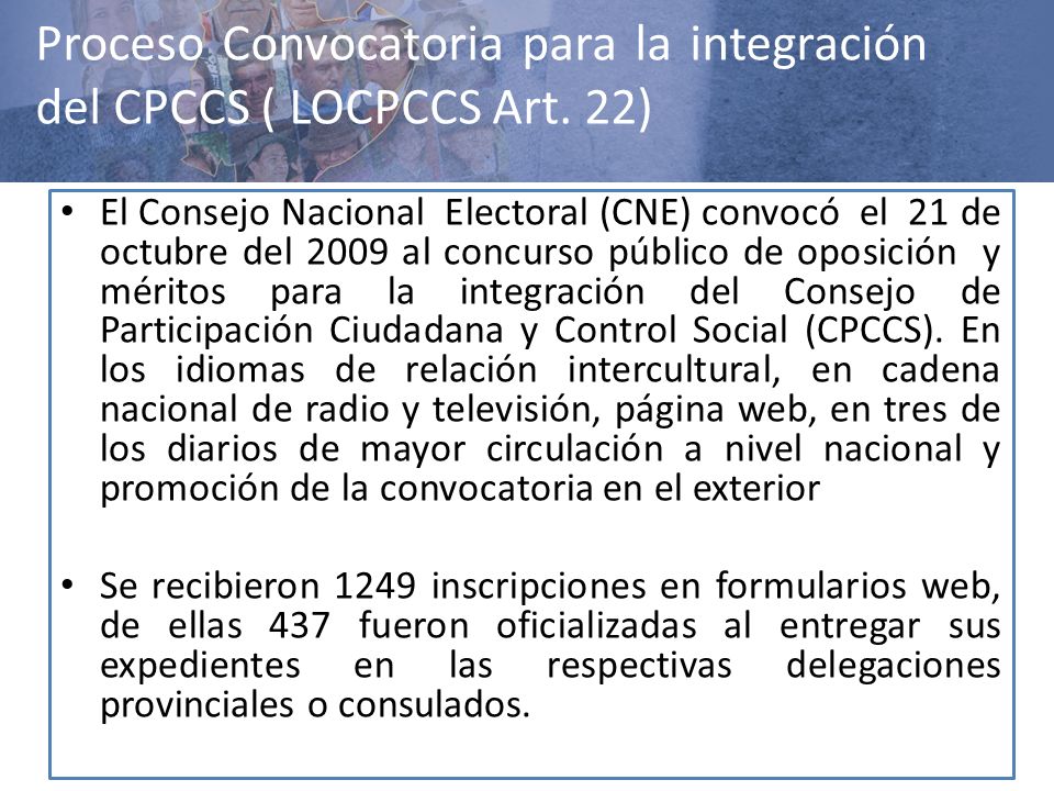 Proceso Convocatoria para la integración del CPCCS ( LOCPCCS Art. 22)