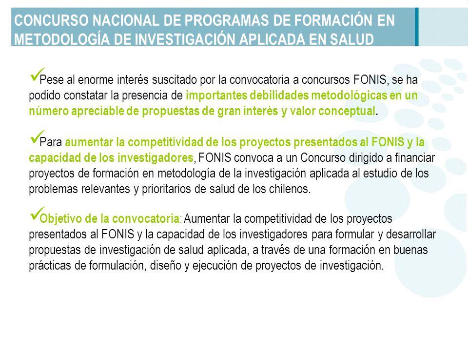 CONCURSO NACIONAL DE PROGRAMAS DE FORMACIÓN EN METODOLOGÍA DE INVESTIGACIÓN APLICADA EN SALUD