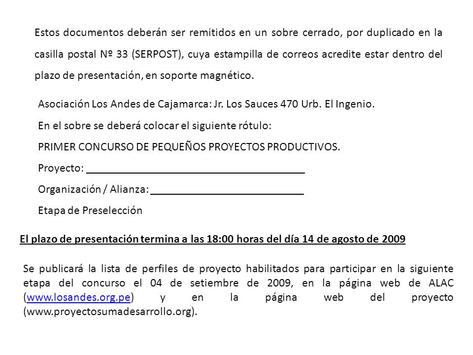 Estos documentos deberán ser remitidos en un sobre cerrado, por duplicado en la casilla postal Nº 33 (SERPOST), cuya estampilla de correos acredite estar dentro del plazo de presentación, en soporte magnético.