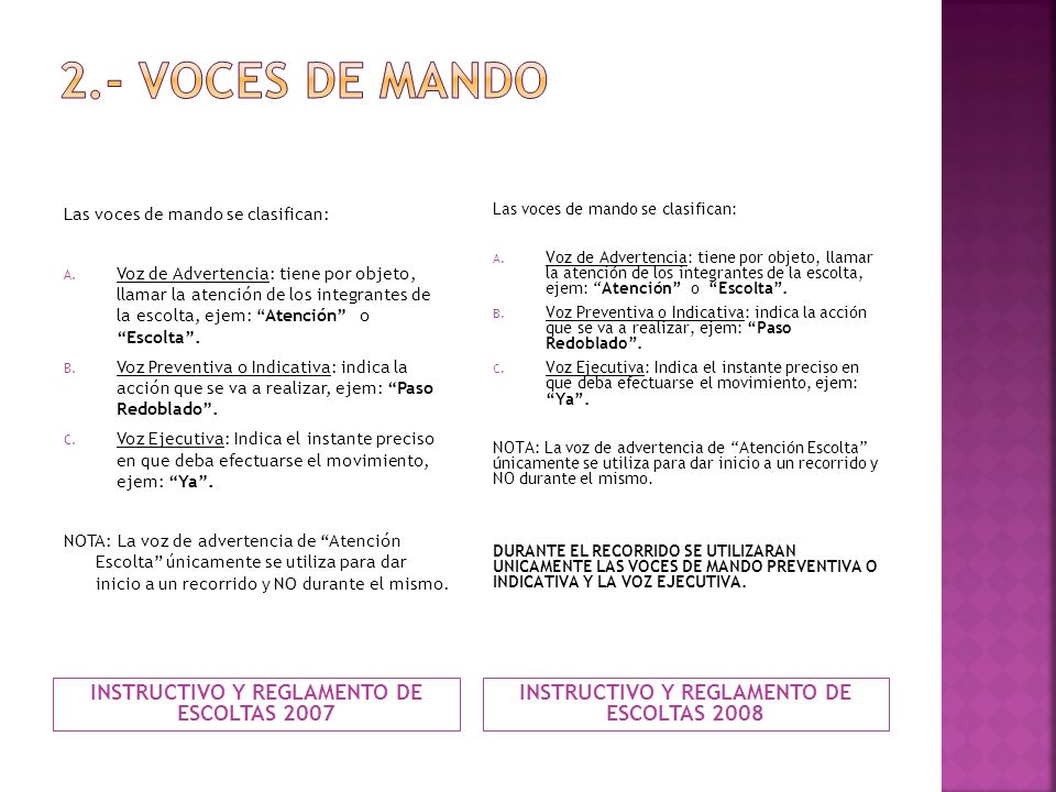 2.- VOCES DE MANDO INSTRUCTIVO Y REGLAMENTO DE ESCOLTAS 2007