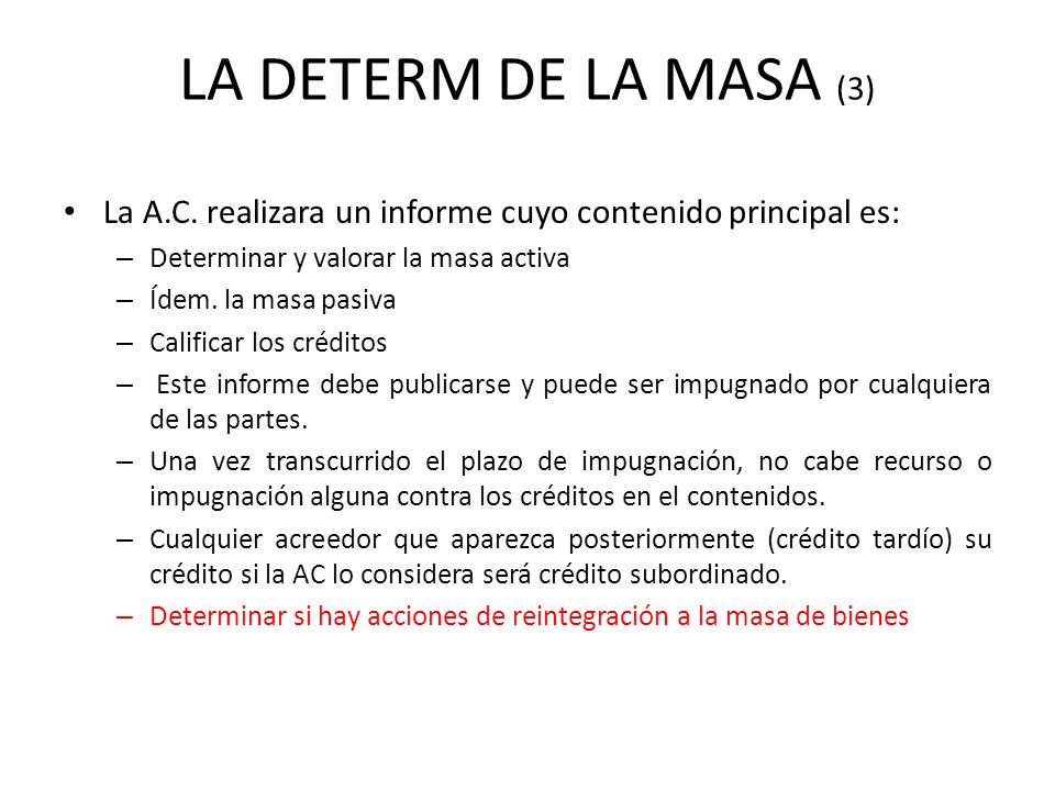 LA DETERM DE LA MASA (3) La A.C. realizara un informe cuyo contenido principal es: Determinar y valorar la masa activa.