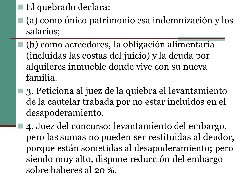 El quebrado declara: (a) como único patrimonio esa indemnización y los salarios;