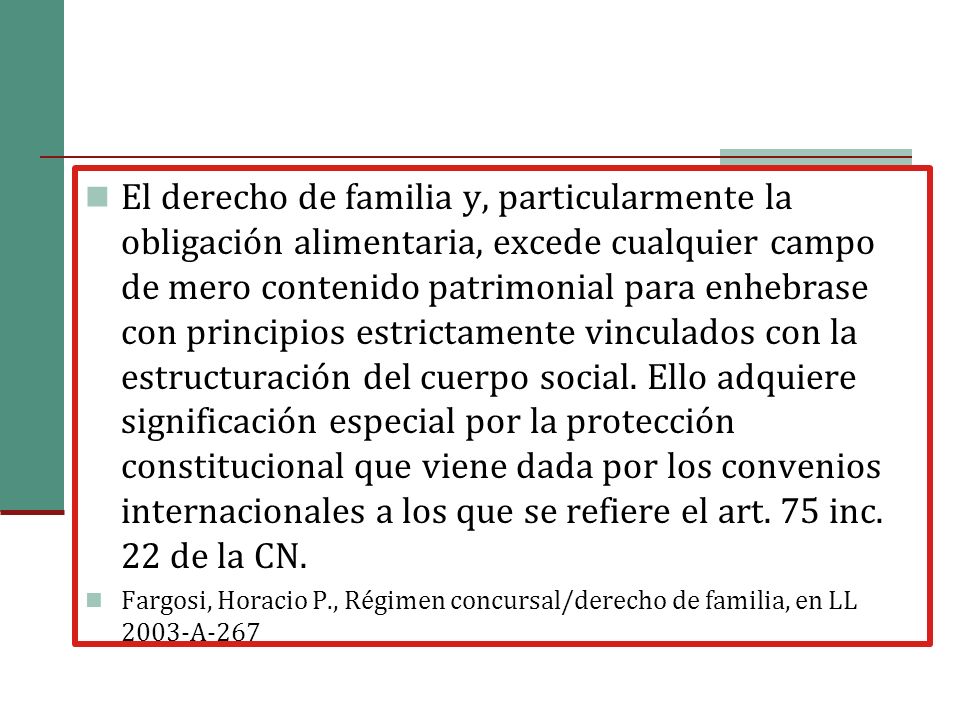El derecho de familia y, particularmente la obligación alimentaria, excede cualquier campo de mero contenido patrimonial para enhebrase con principios estrictamente vinculados con la estructuración del cuerpo social. Ello adquiere significación especial por la protección constitucional que viene dada por los convenios internacionales a los que se refiere el art. 75 inc. 22 de la CN.