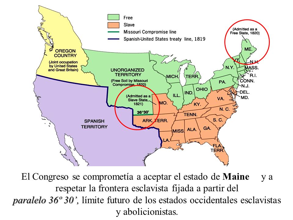 El Congreso se comprometía a aceptar el estado de Maine y a respetar la frontera esclavista fijada a partir del paralelo 36º 30’, límite futuro de los estados occidentales esclavistas y abolicionistas.