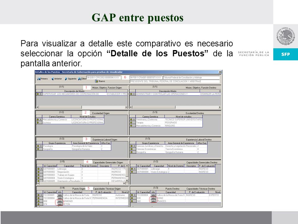 GAP entre puestos Para visualizar a detalle este comparativo es necesario seleccionar la opción Detalle de los Puestos de la pantalla anterior.