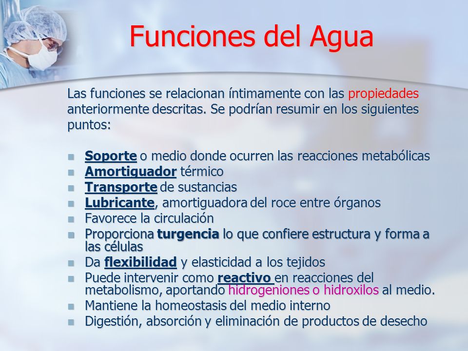 Funciones del Agua Las funciones se relacionan íntimamente con las propiedades. anteriormente descritas. Se podrían resumir en los siguientes.